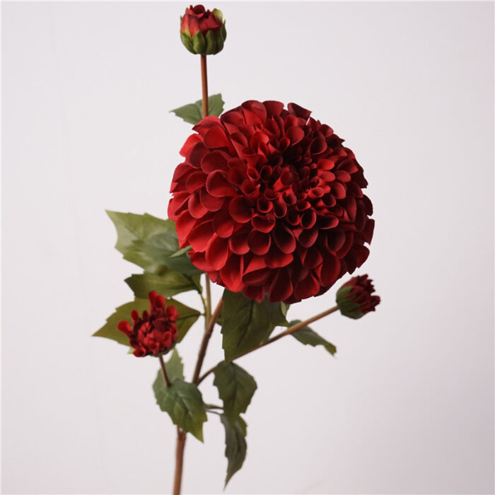 Artificial silk dahlia stem in red with large bloom & buds – faux flower for wedding décor, bouquets & centerpieces.