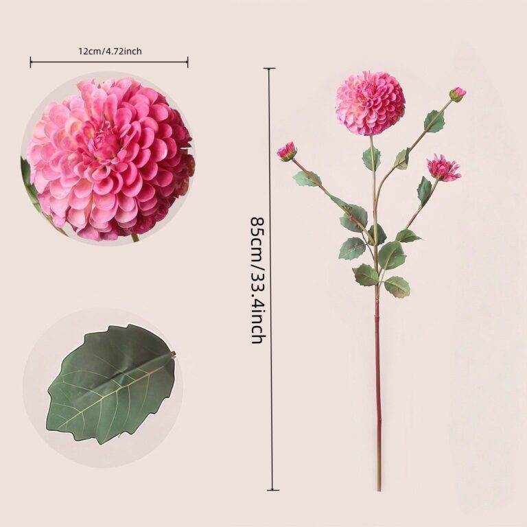 Size chart of pink artificial flowers - chrysanthemum and dahlia stems for wedding decor and floral arrangements