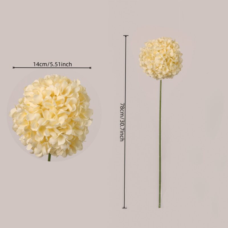 Faux hydrangea ball stem size detail showing long stem and full bloom, suitable for wedding decor and event floral planning