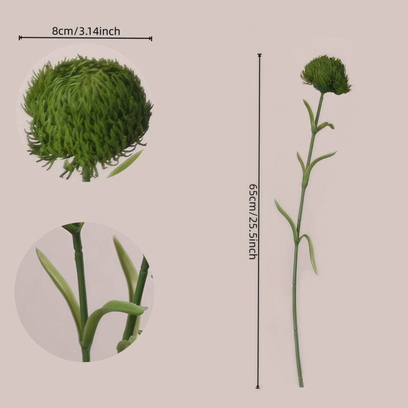 Green faux pom pom allium stem size detail with textured bloom, curved leaves, and long stem for event floral planning