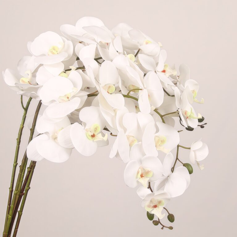White faux phalaenopsis orchid stem with layered petals and realistic texture, ideal for wedding decor and elegant event floral arrangements