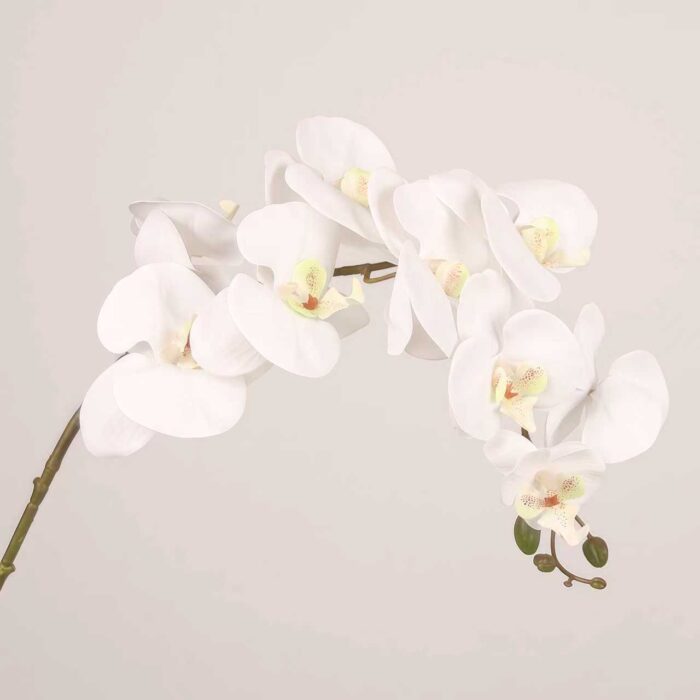 Detailed close-up of white faux phalaenopsis orchid blooms showing realistic petal texture for wedding and event floral arrangements