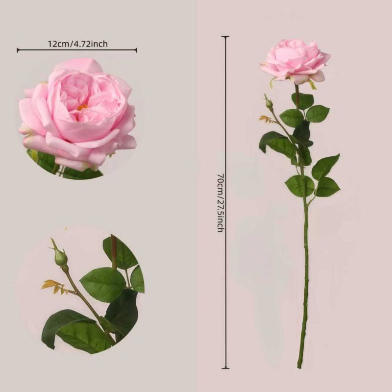Pink faux rose stem with full layered petals, natural green leaves, and realistic bud detailing for wedding and event floral decor