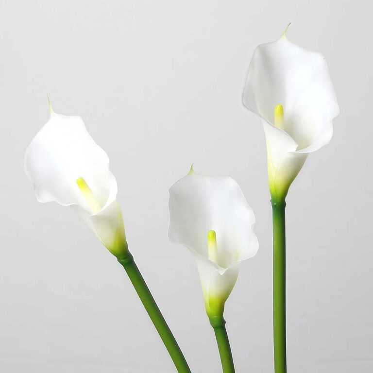 White faux calla lily stems arranged in a trio with elegant curved blooms for wedding decor and event floral arrangement