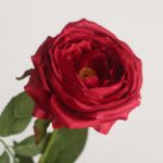 Red faux garden rose stem with rich layered petals and natural leaves for wedding decor and event floral arrangement