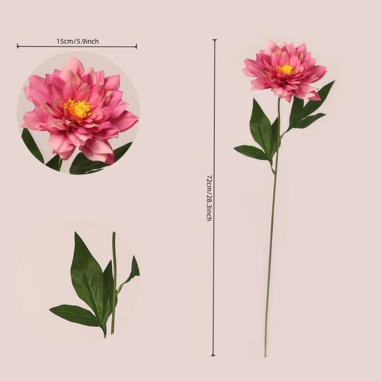 Faux dahlia spray showing bloom diameter and full stem length for wedding and event floral planning