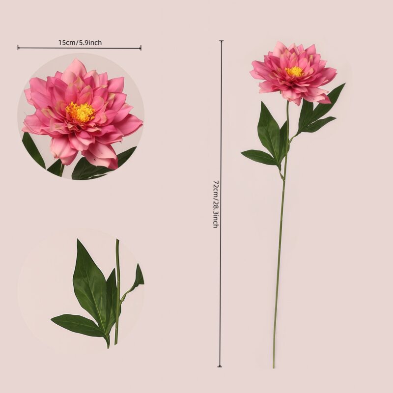 Faux dahlia spray showing bloom diameter and full stem length for wedding and event floral planning