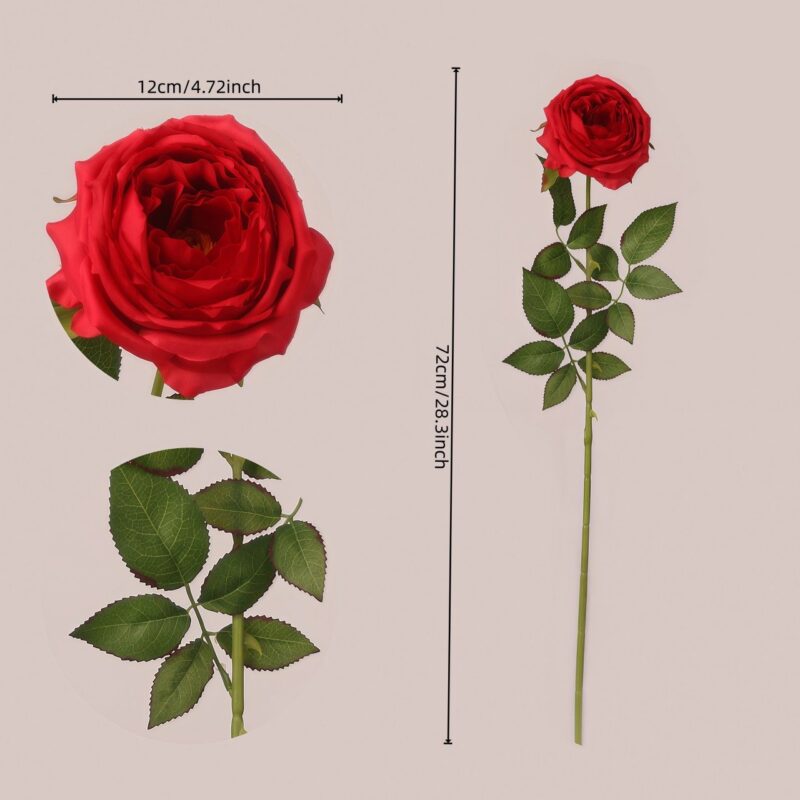 Red faux garden rose stem with size reference and realistic layered petals for wedding decor and event floral arrangement