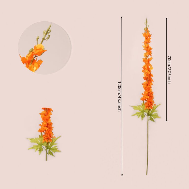 Orange faux delphinium stem with detailed petals and size reference for wedding decor and event floral arrangements
