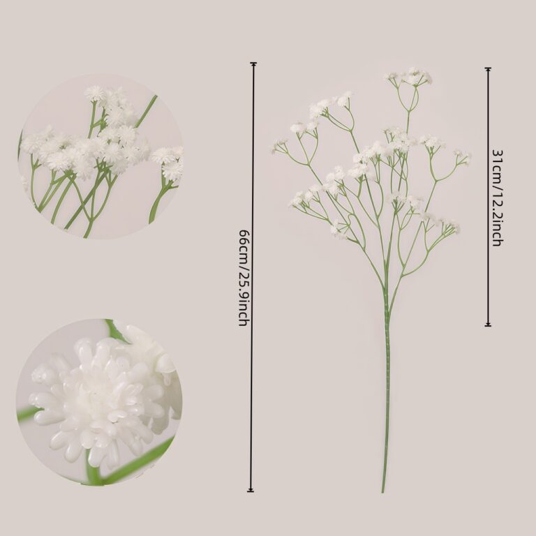 White faux baby's breath spray with size reference and detailed small blooms for wedding decor and event floral arrangement