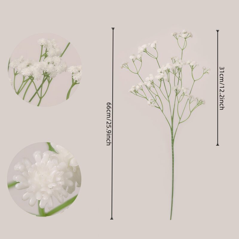 White faux baby's breath spray with size reference and detailed small blooms for wedding decor and event floral arrangement
