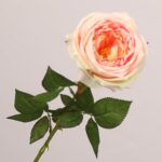Peach pink faux garden rose stem with layered petals and natural leaves for wedding decor and event floral arrangement