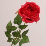 Red faux garden rose stem with rich layered petals and natural leaves for wedding decor and event floral arrangement