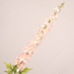 Blush faux delphinium stem with delicate layered petals and realistic greenery for wedding decor and event floral arrangements