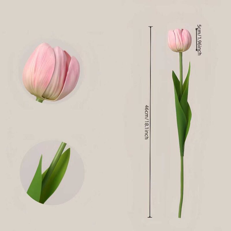 Pink faux tulip stem with close-up details and 46cm length measurement for wedding and event floral arrangement planning