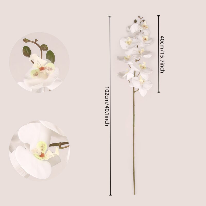White faux phalaenopsis orchid stem with size reference, suitable for wedding decor, hotel displays, and professional event floral design