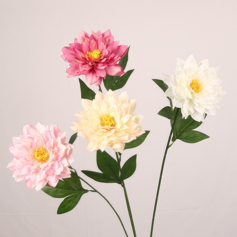Mixed color faux dahlia spray with layered silk petals and realistic foliage for wedding decor and event floral arrangements