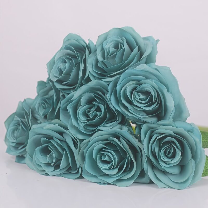 Teal blue faux rose bouquet with layered realistic petals for wedding decor and elegant event floral arrangement styling