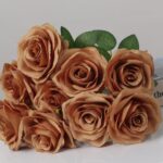 Caramel brown faux rose bouquet with structured petals for wedding decor and modern event floral arrangement styling