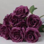 Plum purple faux rose bouquet with deep layered petals for wedding decor and luxury event floral arrangement display