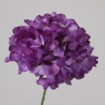 Purple faux hydrangea stem with rich clustered petals suitable for wedding decor and event floral arrangement displays