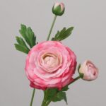 Dark pink artificial ranunculus flower stem with layered petals and green leaves, 50cm long, 9cm bloom
