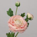 Peach pink artificial ranunculus flower stem with bud and green leaves