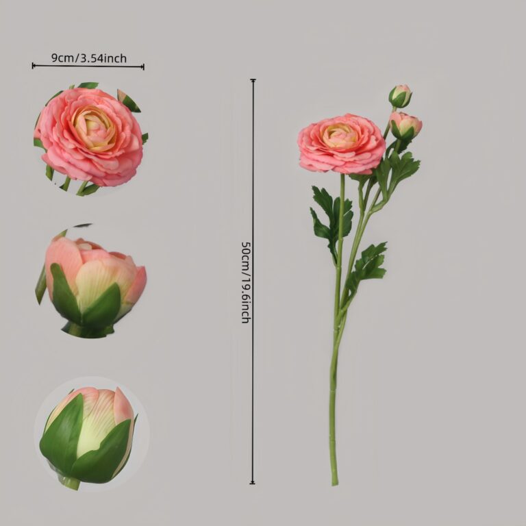 Artificial ranunculus flower stem size reference showing 50cm height and 9cm bloom diameter
