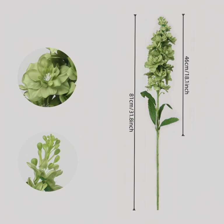 Green faux freesia stem measuring 81cm overall length with 46cm floral section for wedding decor and event floral arrangement use