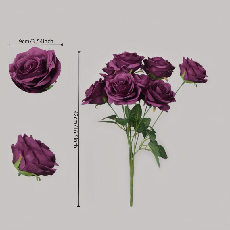 Plum purple faux rose bundle showing 9cm flower head and 42cm stem length for wedding decor and event floral arrangement use