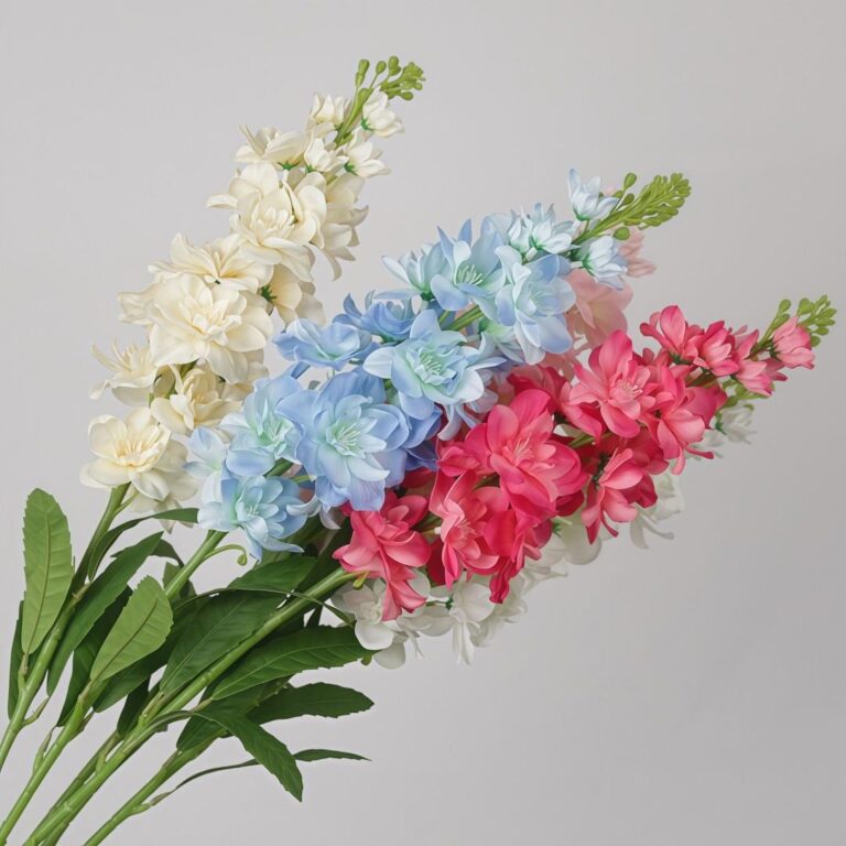 Assorted color faux freesia stems including pink, blue and cream for wedding decor and event floral arrangement styling