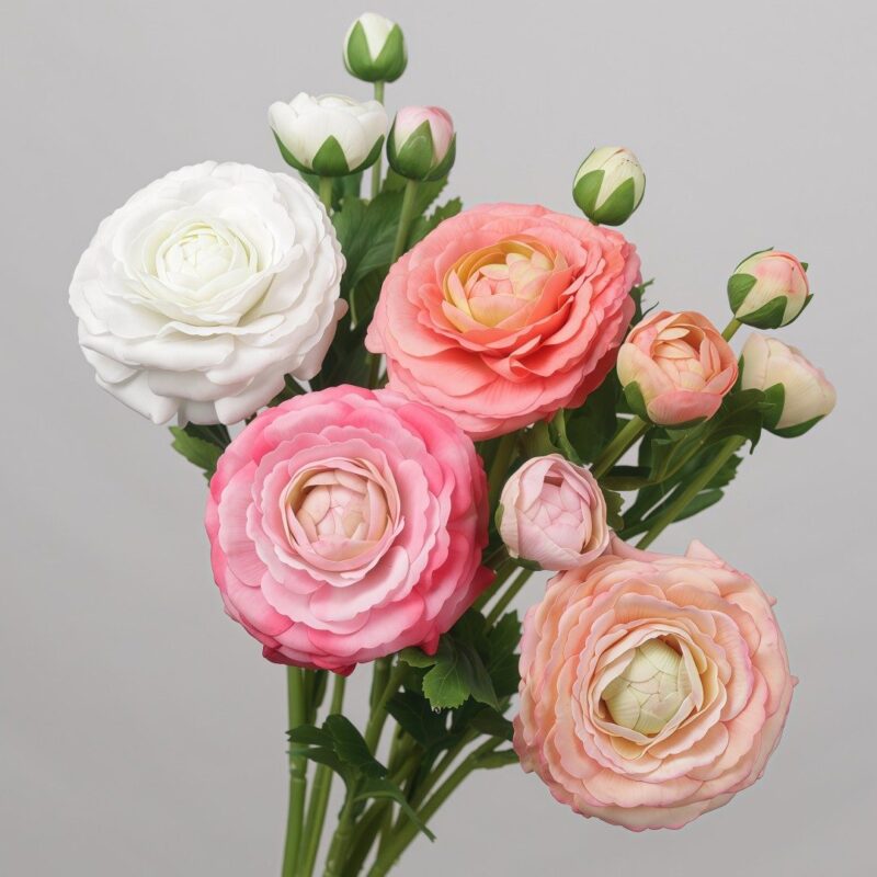 Artificial ranunculus flowers in pink, white and peach arranged together as bouquet