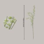 Dimension guide for NB8 artificial white filler flower showing a tall 110cm (43.3 inch) stem and close-up of tiny white bloom clusters.