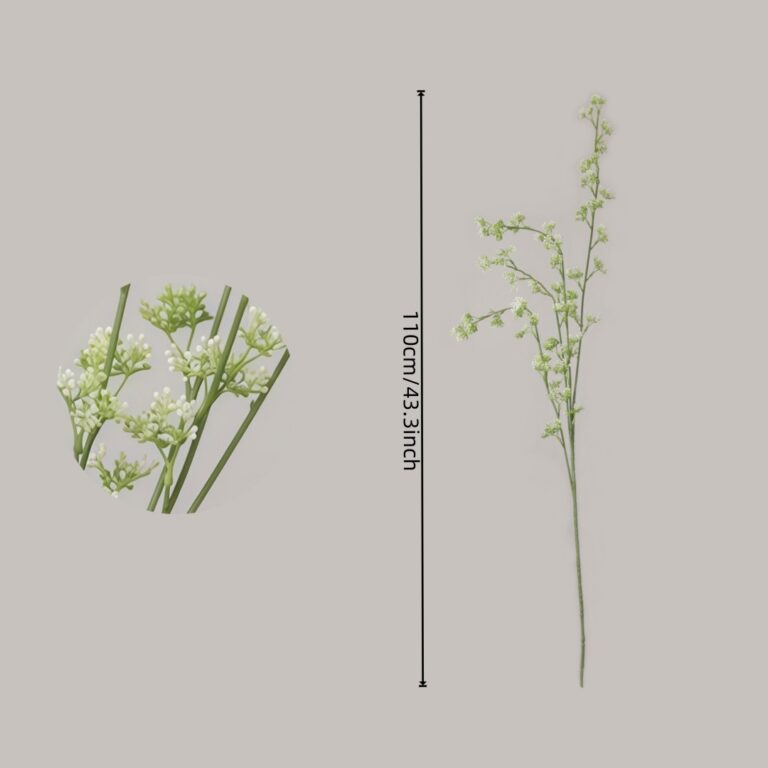 Dimension guide for NB8 artificial white filler flower showing a tall 110cm (43.3 inch) stem and close-up of tiny white bloom clusters.