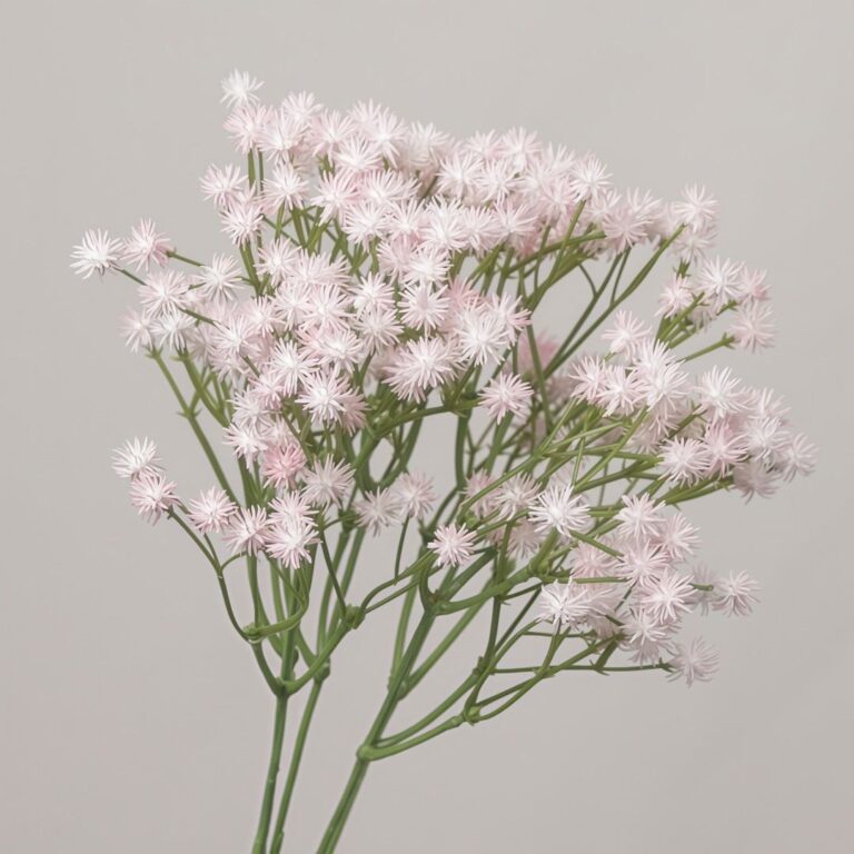 Realistic artificial blush pink gypsophila (baby's breath) bush with multiple detailed star-shaped flower heads on a green stem, against a plain background for NB8 floral shop product page.