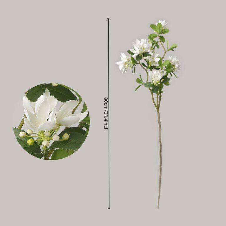 Dimension guide for NB8 artificial white jasmine branch showing an 80cm (31.4 inch) tall stem with a close-up of white blooms and green buds