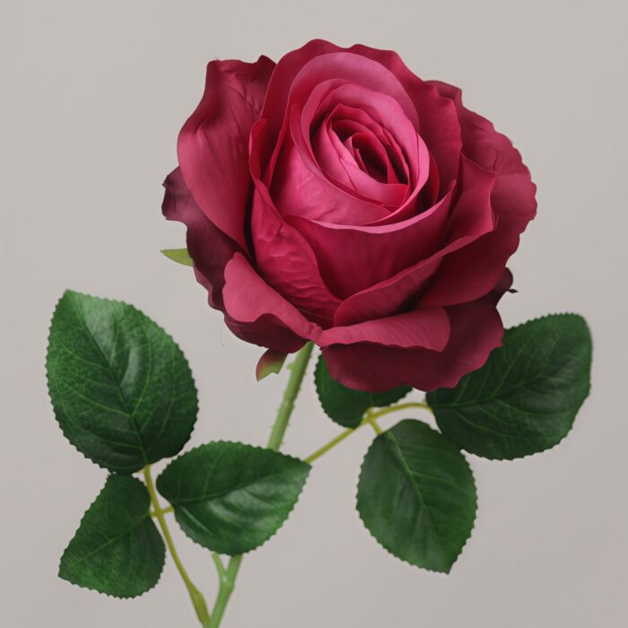 Realistic deep red artificial rose stem with green leaves, premium faux floral decor by NB8