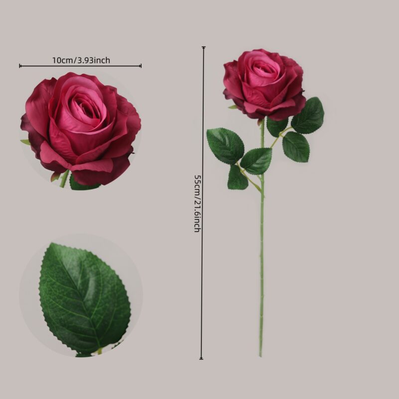 Artificial rose dimension guide showing 55cm (21.6 inch) total stem length, 10cm (3.93 inch) flower head, and realistic leaf details by NB8.