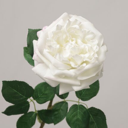 Close-up of a large white artificial cabbage rose with ruffled petals, subtle blush pink edges, and realistic green leaves by NB8