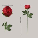 Dimension guide for NB8 artificial peony stem showing 53cm (20.8 inch) total length, 9cm (3.54 inch) flower head diameter, and close-up leaf details.