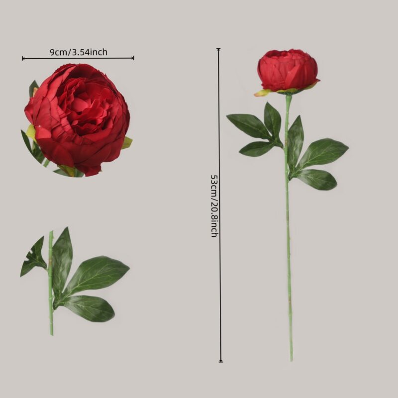 Dimension guide for NB8 artificial peony stem showing 53cm (20.8 inch) total length, 9cm (3.54 inch) flower head diameter, and close-up leaf details.