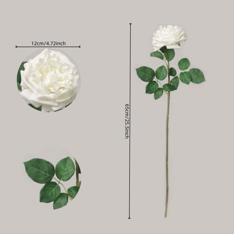 Dimension guide for NB8 artificial white rose showing a 65cm (25.5 inch) tall stem, a large 12cm (4.72 inch) blooming flower head, and realistic leaf details.