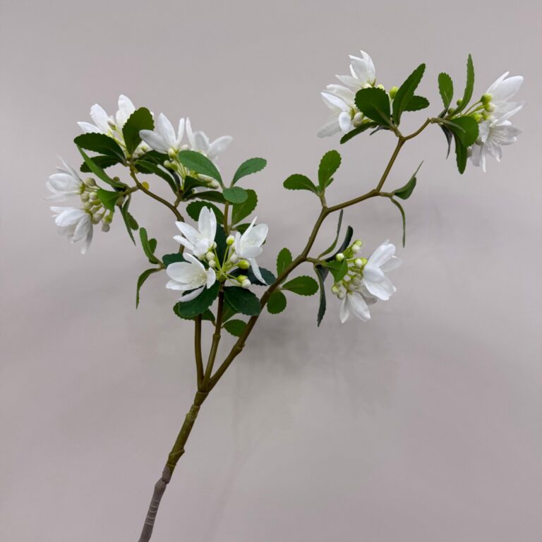 Realistic artificial white jasmine branch with open blooms, closed buds, and vibrant green leaves by NB8.
