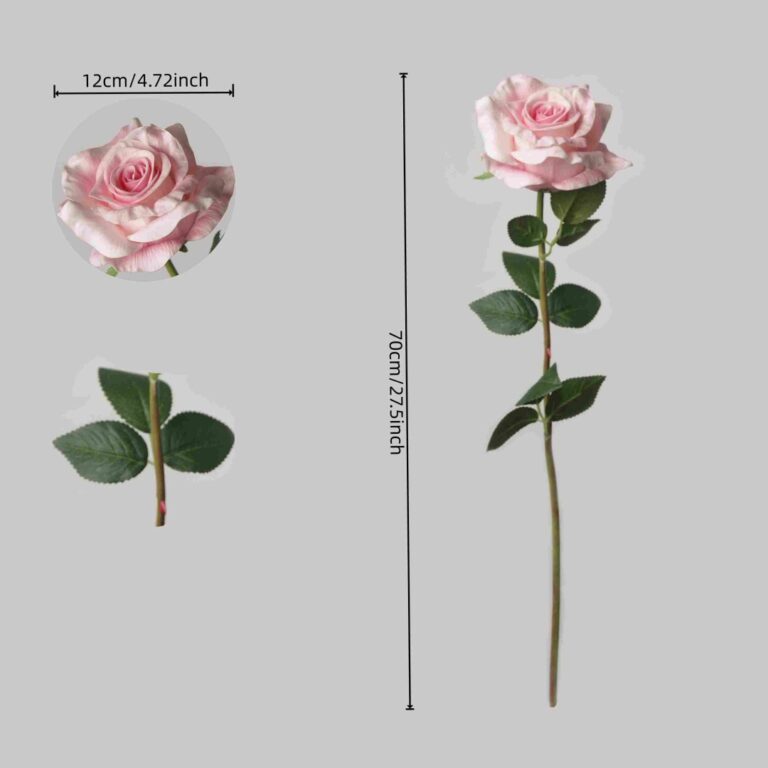 Dimension chart for a single soft pink artificial rose stem, showing a 70cm total height and a 12cm flower head diameter.