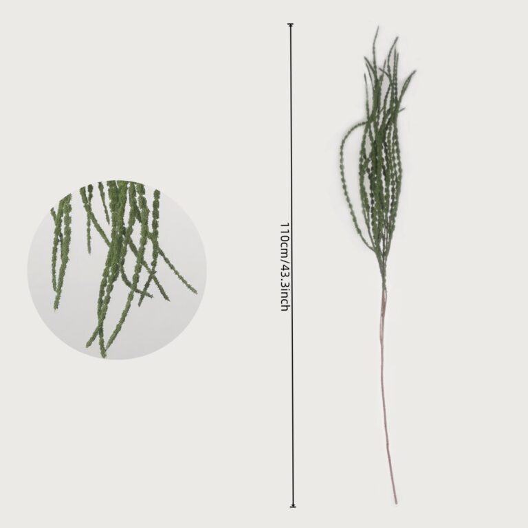 110cm (43.3 inches) artificial hanging amaranthus stem in green, shown with a vertical height indicator line and a circular close-up inset detailing the textured trailing beads.