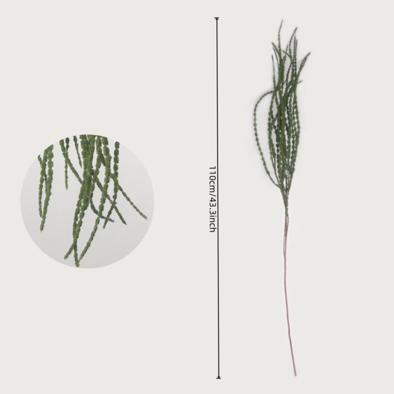 110cm (43.3 inches) artificial hanging amaranthus stem in green, shown with a vertical height indicator line and a circular close-up inset detailing the textured trailing beads.