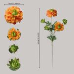 An infographic-style display from NB8Floral showing an full artificial dahlia stem with dimensions (52cm / 20.4 inch) and a series of circular close-ups highlighting the specific petals, blooms, and different growth stages of the orange and green buds.