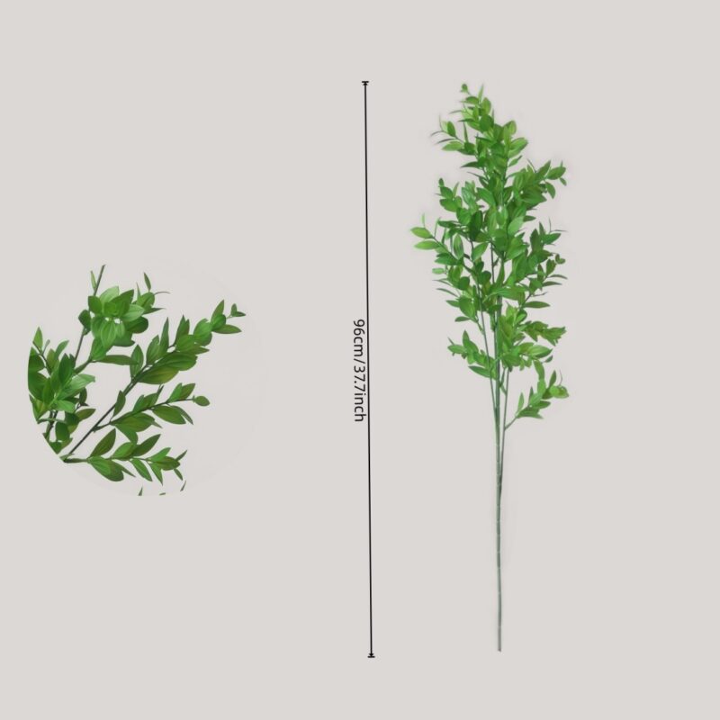 Infographic of NB8 artificial Ruscus showing a total height of 96cm (37.7 inches) with a zoomed-in leaf detail circle.