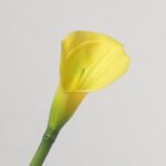 A single stem of a bright yellow artificial calla lily flower with realistic waxy petal texture and a matching yellow-green central spadix.