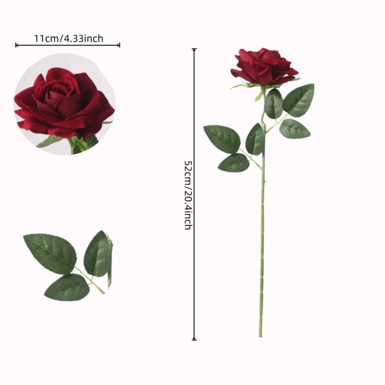 Infographic showing NB8 artificial rose dimensions: 52cm (20.4 inch) stem length and 11cm (4.33 inch) flower head diameter.